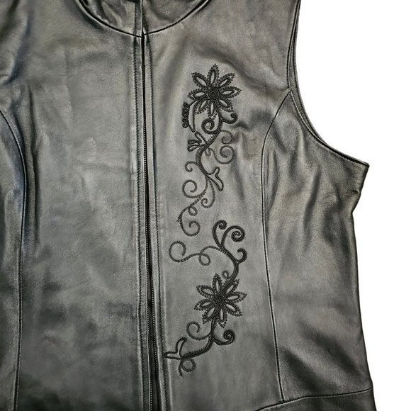 Y2k Black Leather Floral Embroidered Zipup Vest Large Biker Edgy Lined‎ - Picture 3 of 10